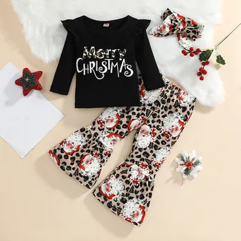 Детский Рождественский комплект с цветочным рисунком для младенцев и новорожденных девочек, топы в рубчик с длинными рукавами и оборками и буквами, милая одежда с мультяшным принтом, наряды