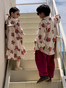 Детское платье 2023, осенние Корейские новинки для девочек, платье с длинным рукавом и принтом пиона, повседневные рубашки с лацканами, одежда для братьев и сестер