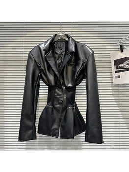 Дизайнерская куртка HIGH STREET New Fashion 2023, женский приталенный блейзер из искусственной кожи в стиле пэчворк