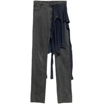 Дизайнерский уличный тренд в стиле мусорной почвы, повседневные брюки в стиле пэчворк, застиранные джинсы, облегающие прогулочные брюки, Японская уличная одежда