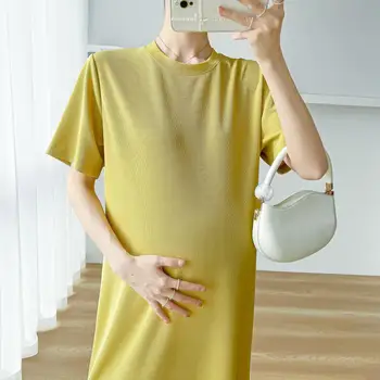 Желто-бежевое Летнее платье для беременных с коротким рукавом и круглым вырезом, прямое платье с разрезом по бокам, модная свободная одежда для беременных