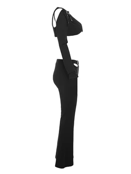 Женская одежда из 2 предметов, укороченные топы с V-образным вырезом и длинными рукавами и брюки-клеш, комплект уличной эстетичной одежды
