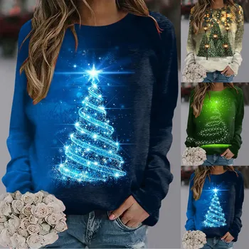 Женская толстовка с круглым вырезом и Рождественским принтом, топы-пуловеры с круглым вырезом, Повседневные тренировочные рубашки с длинным рукавом, Свободная блузка