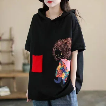 Женская хлопковая свободная футболка большого размера с капюшоном и короткими рукавами средней длины, летний Новый Корейский спортивный топ