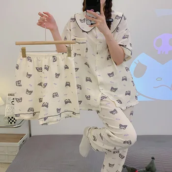 Женские пижамы Sanrio Kuromi из аниме, одежда из мультфильма Sanrios, детские игрушки из трех частей, штаны, пижамы с короткими рукавами, подарки для девочек