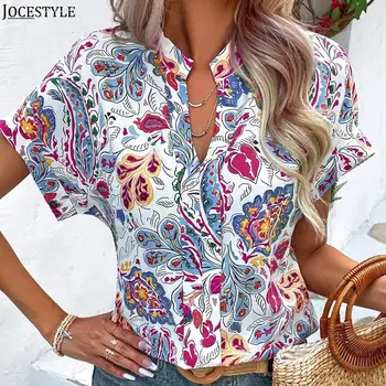 Женские повседневные рубашки С цветочным принтом, Женская блузка с V-образным вырезом, Модный простой уличный пуловер, Повседневная элегантная блузка