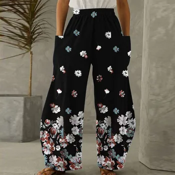 Женские повседневные свободные брюки со средней талией, многоцветные женские широкие брюки с цветочным принтом большого размера, уличная одежда большого размера