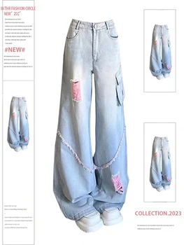 Женские рваные джинсы-карго с высокой талией, винтажная Корейская мода Y2k, уличная одежда, ковбойские брюки Harajuku, широкие синие джинсовые брюки