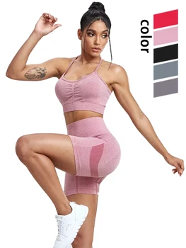 Женский бесшовный спортивный комплект CHRLEISURE из 2 предметов, костюм для йоги, бюстгальтер для фитнеса с велосипедными шортами, Дышащая эластичная одежда для тренировок, одежда для спортзала