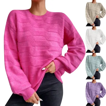 Женский однотонный круглый вырез, вязаный пуловер с длинным рукавом, свитер