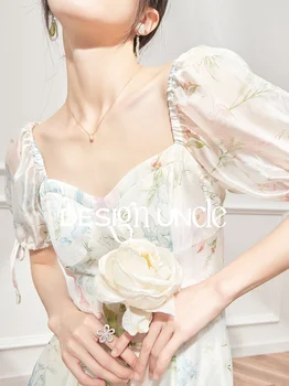 Женское белое платье для чаепития с французским фрагментированным цветком, высококачественное темпераментное длинное платье с пузырчатым рукавом