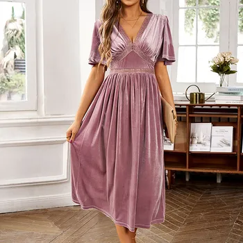 Женское элегантное платье с короткими рукавами и V образным вырезом, однотонное бархатное платье темперамента