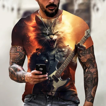 Забавная футболка для мужчин, Летние футболки с короткими рукавами и животными, 3D-принт Rock Cat, модная повседневная уличная мужская одежда большого размера