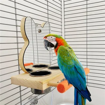 Зеркало для попугаев с чашками-кормушками, Миска, деревянные птицы, Интерактивная игрушка-головоломка для саморазвития, Птичья клетка, Игрушки для попугаев, Аксессуары