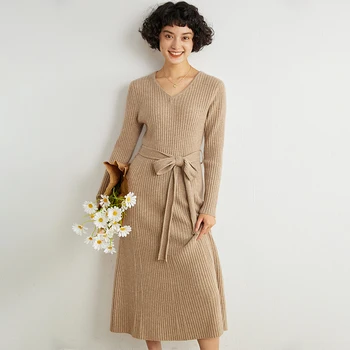 Зимнее Новое платье-свитер с высокой эластичностью из 100% кашемира, теплый Базовый вязаный пуловер, Женское облегающее платье, Женские повседневные платья