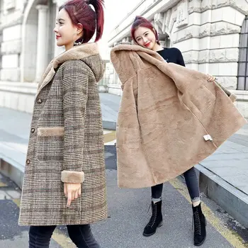 Зимнее теплое Женское пальто с замшевой меховой подкладкой, новинка 2023, Корейская мода, зимняя куртка с капюшоном, длинное пальто, женские теплые тренчи
