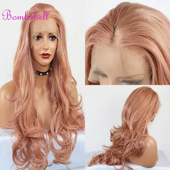 Золотисто-розовый парик с синтетическими волосами на кружеве, объемная волна, Термостойкое волокно, натуральный волосяной покров, средний пробор для белых женских париков