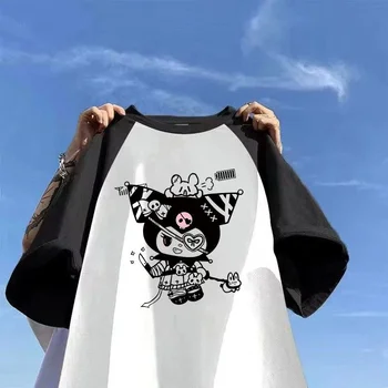 Контрастная футболка Sanrio Kuromi, женская футболка в академическом стиле, свободный топ с коротким рукавом, Корейская мода, летние футболки с рисунком Каваи, одежда Y2k