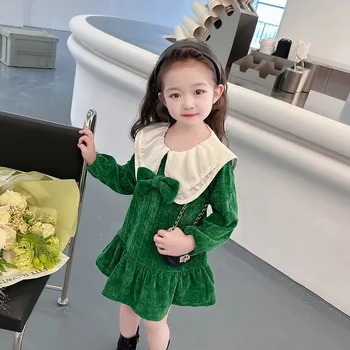 Корейская версия Платья для девочек 2023, Весна-осень, Новая мода, Зеленое Повседневное Платье в стиле принцессы с отложным воротником, Модный универсальный бант