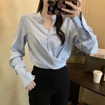 Корейская женская блузка с перекрестной нитью, длинный рукав, V-образный вырез, однотонный цвет