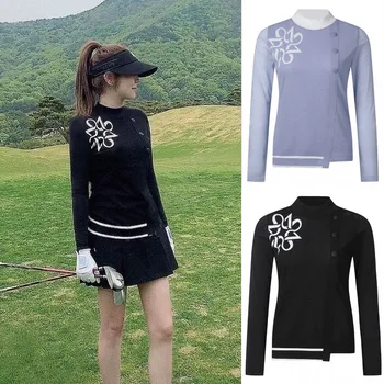 Корейская одежда для гольфа, Женский трикотаж из ледяного шелка с длинным рукавом, Новый облегающий повседневный спортивный топ с круглым вырезом.