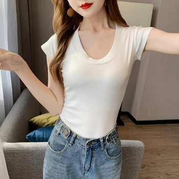 Корейская хлопковая футболка, женская Летняя футболка с коротким рукавом и U-образным вырезом, тонкие топы