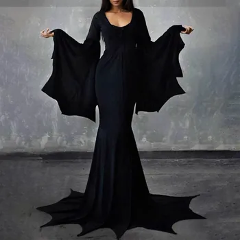 Костюм Ведьмы Мортисии Аддамс, платье в пол со шлейфом в среду, женский темный наряд ведьмы на Хэллоуин, готическое платье, халат Ужасов для взрослых