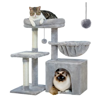 Кошачье дерево, Кошачья башня для домашних кошек, 2 стиля, дерево для занятий с кошачьими когтеточками, Большой гамак и съемный верхний насест, серый