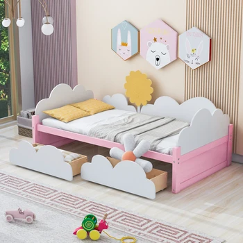Кровать Twin Size с декором в виде облаков и подсолнухов, кровать-платформа с 2 выдвижными ящиками (белый + розовый)