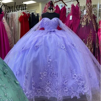 Лавандовое бальное платье Пышные платья с накидкой 15 вечерних платьев с 3D цветами Золушка 16 Платьев принцессы с накидкой
