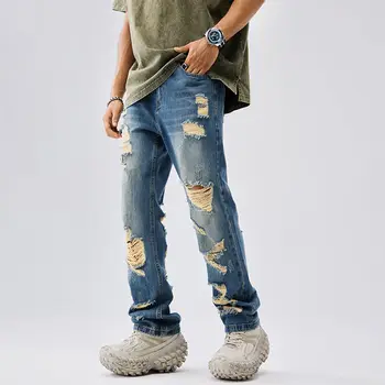 Летние американские винтажные потертые джинсы, мужские модные прямые брюки High street beggar, рваные джинсы для мужчин