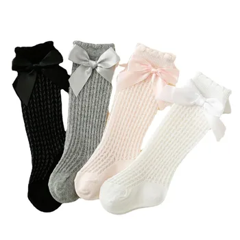 Летние детские носки, сетчатые дышащие хлопчатобумажные носки, гольфы до колена с бантиком для новорожденных, одежда для новорожденных девочек tddler'а