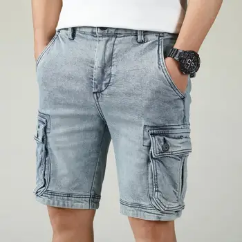 Летние мужские джинсовые шорты-карго с множеством карманов, прямые шорты со средней талией, выстиранные, уличные джинсы-карго