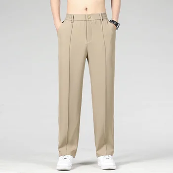 Летние мужские стрейчевые повседневные брюки, Тонкие деловые брюки с эластичной резинкой на талии, мужская свободная прямая брючная одежда цвета хаки, Большие размеры M-4XL