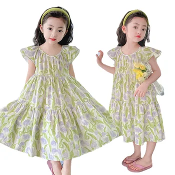 Летние платья для девочек от 4 до 14 лет Vestidos Хлопковое платье с воротником в виде листьев Лотоса, элегантная детская одежда для дня рождения с принтом в горошек