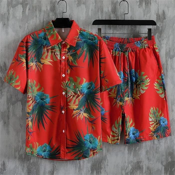 Летние пляжные шорты, уличная одежда, повседневный костюм из 2 предметов, мужская гавайская рубашка с коротким рукавом и пуговицами с красным принтом