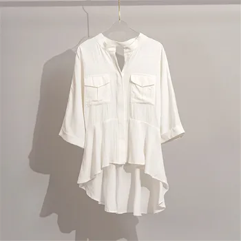 Летняя новинка, приталенная рубашка с коротким рукавом и круглым вырезом, необычный дизайн, белый кружевной топ, женский тренд