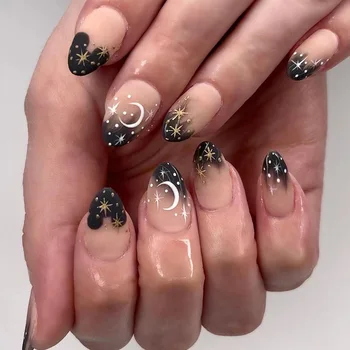 Матовый матовый Черный Френч-носимый нейл-арт Moon Star Fake Art Nail Короткий накладной ноготь с круглой отделкой, маникюр с использованием клея для ногтей