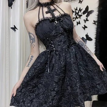 Мини-платье в готическом стиле 2023, черные платья на бретелях для женщин, темная винтажная одежда в стиле Лолиты для девочек, костюмы на Хэллоуин