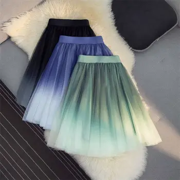 Мини-юбки, сетчатая юбка градиентного цвета для женщин, Новый Корейский стиль, тюлевая газовая пачка с высокой талией, пушистая юбка-солнце трапециевидной формы.