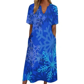 Многослойное платье в виде снежинки, синее вечернее платье Макси с принтом, V-образный вырез, длинные платья в богемном стиле, уличная мода, Vestidos Оверсайз