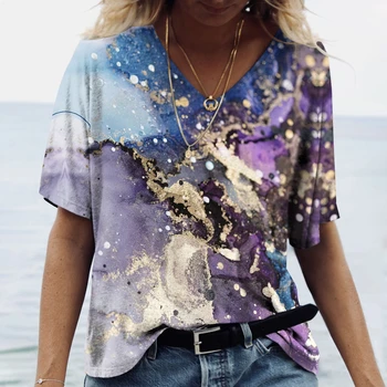 Модная Женская футболка с цветной Строчкой, Удобные Топы С V-образным вырезом, Летняя Повседневная Блузка, Дышащая Футболка Оверсайз С коротким рукавом