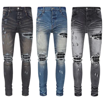 Модные мужские джинсы в стиле ретро, синие, выстиранные, стрейчевые, облегающие, рваные джинсы, мужские дизайнерские брюки в стиле хип-хоп с кожаными заплатками