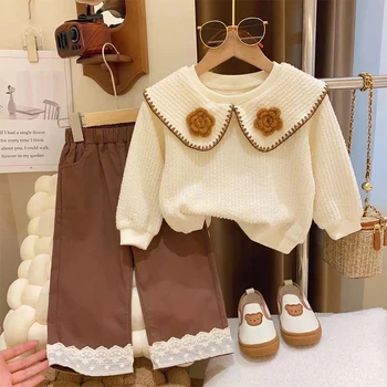Модный комплект из двух предметов, детская одежда, Корея 2023, Хлопковый топ с отложным воротником, Широкие брюки, бутик одежды для девочек