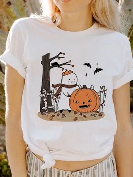 Модный праздничный тренд, пляжная новая женская повседневная футболка на Хэллоуин с коротким рукавом, летняя базовая белая футболка с забавным принтом тыквы.