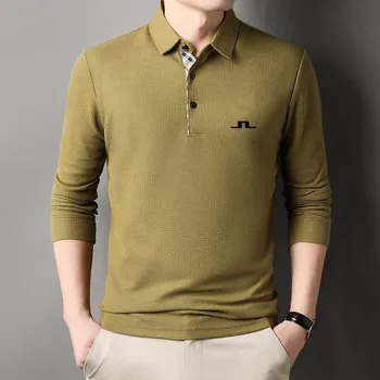 Мужская весенне-осенняя рубашка поло для гольфа с длинным рукавом, мужская трикотажная высококачественная деловая рубашка с подкладкой, мужская повседневная толстовка