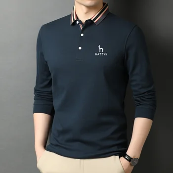 Мужская рубашка поло с вышивкой логотипа HAZZYS, осенняя футболка с длинным рукавом для среднего возраста, однотонная нижняя рубашка с тонким отворотом, повседневный топ
