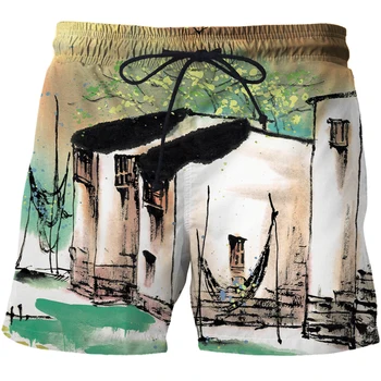 Мужские 3D шорты с рисунком китайской кистью, повседневные плавательные пляжные шорты, шорты для купания, Шорты для взрослых большого размера
