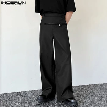 Мужские брюки, Однотонные Джоггеры на молнии, 2023, Свободная уличная одежда, Прямые брюки, Мужские Повседневные длинные брюки в корейском стиле, S-5XL, INCERUN