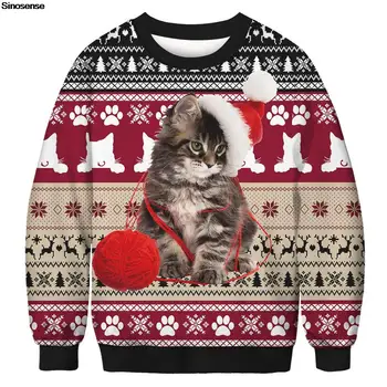 Мужчины Женщины, Уродливый Рождественский свитер, 3D Забавные Кошки играют с шерстяным шариковым принтом, осенне-зимняя толстовка для праздничной вечеринки, Рождественские Джемперы, топы